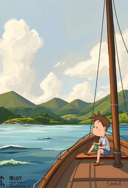 Smooth Sailing, peaceful painterly landscapes with quirky, neurotic cartoon characters, soft blended brushstrokes with sketchy expressive linework, warm natural colors with playful pastel accents, serene yet subtly absurd storytelling, tranquil nature scenes infused with observational humor