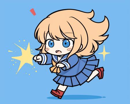 standing on one leg, arms forward, running, serafuku, robinish_pose, <lora:robinish_pose:0.5>, |_|, 0_0, super_deformed, (superman:0.5), detailed_face, chibi