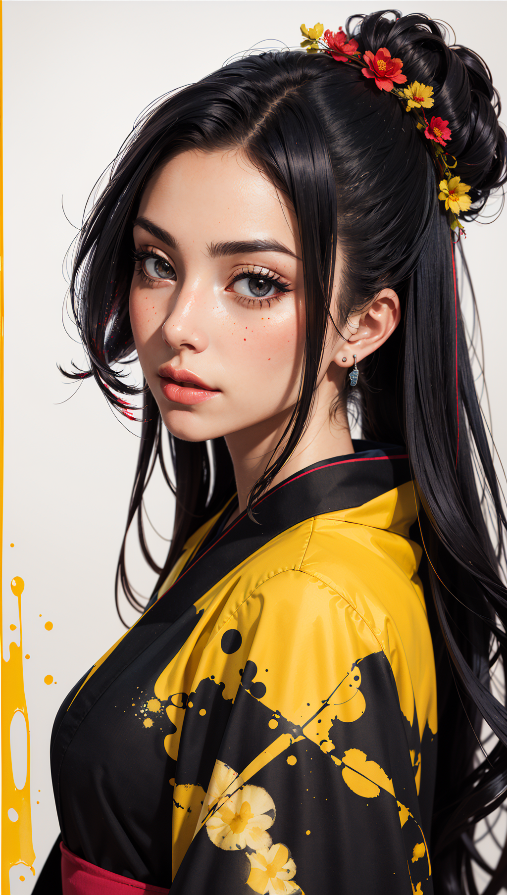 masterpiece,best quality,1 girl,kimono,(lycoris flower) in hair,highly detailed,high definition,hair intakes,(yellow ink a...
