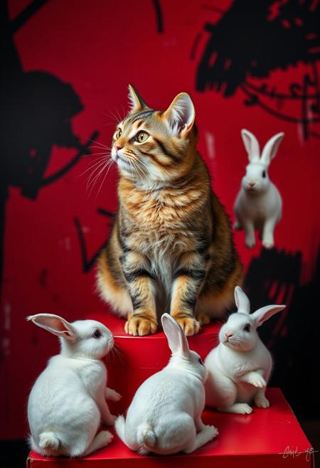 (Soft Lighting Photography by Mimoza Veliu and Mario Giacomelli:1.2), NSFW, A vibrant and colorful photo of a cat sitting on a red box, surrounded by two white rabbits. the cat is looking off to the side with a contemplative expression. the background is a mix of red and black, with abstract shapes and patterns. on the right side of the image, a small white rabbit is sitting on the box, looking up at the cat