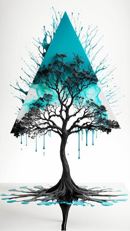 alcohol ink splatter art, opalized tree on a bending surface, translucent,Agnes Cecile, Alberto Seveso, Karol Bak, Carne Griffith, amazing  artwork, intricately detailed, minimalism, intense style, sumi ink, sharp and fine, high opacity, intense lighting, highly contrasted, elegant, iridescent opal features, white, black, colorful fluid ink, dripping ink, partly Silhouette effect ,hyperdetailed double exposure masterwork by head of prompt engineering