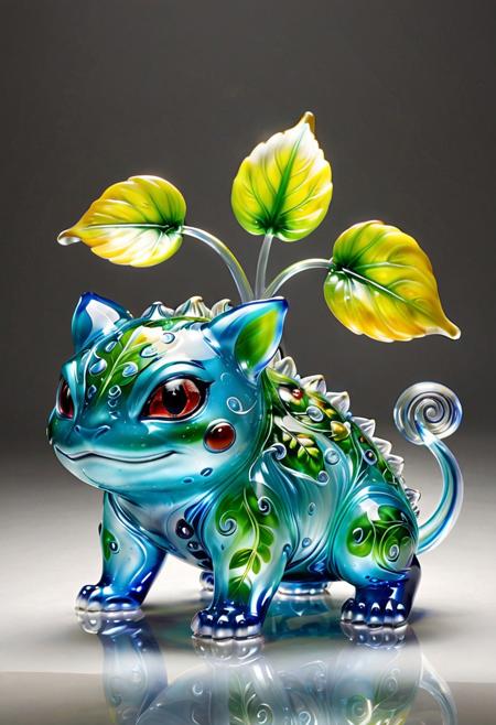 a bulbasaur made of colorful Murano glass, translucent glass body with intricate swirling patterns, glowing leaf bulb with vibrant reflections, fantasy style, high realism, soft studio lighting, detailed craftsmanship, glass sculpture effect
, murano_glass_style