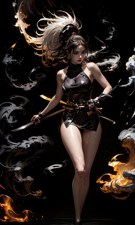 (Black background:1.7)fighting stanceponytailsheathedjapanese armorLight and dark contrast, high contrast, low saturation
1girl,  solo,full body,masterpiece,best quality,ultra-detailed,(Smoke:1.6), handheld weapons,holding a samurai sword,  (long legs:1.3), (skinny legs:1.6), (shiny skin:1.5)holding swordholding one Long, super long katana, japanese clothesHip skirt
The Chrysanthemum and the Blade <lora:~Q?-NR The Chrysanthemum and the Blade:0.7>