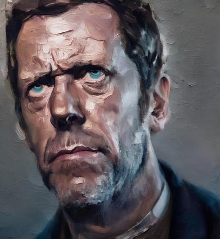 a painting by mse, portrait of a award winning photo of hugh laurie posing in a dark studio, (rim lighting,:1.4) two tone lighting, sharp focus, teal hue, octane, unreal, dimly lit, low key,, highly detailed, sharp focus, professional, 4k, max detail, highres,high detail, sharp focus, smooth, aesthetic, extremely detailed, photo_\(ultra\), photorealistic, realistic, post-processing, roughness, real life, ultra realistic, photorealism, photography, 8k, uhd,