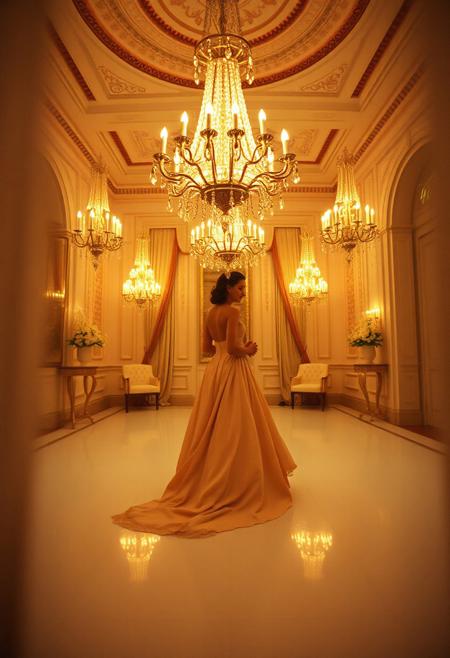 A luxurious ballroom scene, where the warm glow of chandeliers reflects off silk and lace, capturing a wistful, cinematic romance., film aesthetic, white flat background, toy camera photography, digital photography, strong shadows, low detail, grain and texture, high reflections, wide-angle lens, blurry filter, cubist influence, abstract composition, distorted perspective, soft focus, experimental lighting
