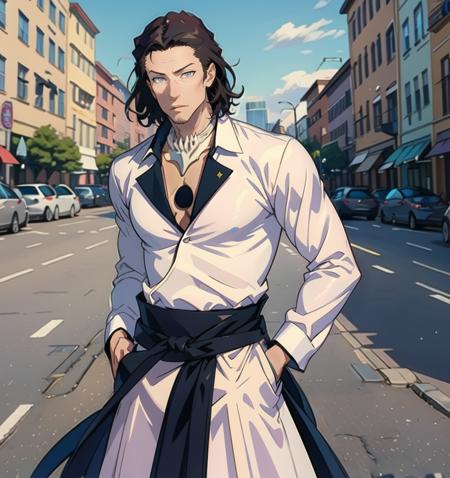 (masterpiece, best quality:1.2), 1man, solo, full shot, (Starrk:1.2), 1man, brown hair, (grey eyes:1.3), white shirt, black hole in the chest, skeleton jaw necklace, hakama, male focus, <lora:Starrky:1>