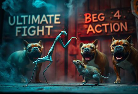 “A hyper-realistic scene of a pale blue mantis dancing gracefully with a greenish mouse, surrounded by four pitbulls barking hysterically with intense expressions. Captured with optics broadcast cinema anamorphic lenses, the composition includes soft edge blurs and subtle lens flares, giving a polished, cinematic quality. Studio lighting brings out the intricate textures of the mantis’s delicate limbs, the mouse’s fur, and the pitbulls’ muscular builds, balancing surreal elegance with intense realism. In the slightly blurred background, two rotten wooden signs read ‘Ultimate Fight’ and ‘Beg 4 Action’ in faded, weathered letters, adding a gritty, underground edge. Neon hues and swirling fog enhance the eerie, dreamlike setting.”
