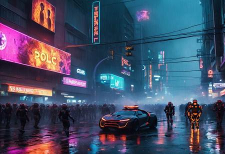 Futuristic cyberpunk scene in the year 2099 of huge mob of humanoid robots rioting on streets, futuristic tech everywhere, futuristic cyberpunk cars, chaos everywhere, robots turning cars over, fires, people running, night, raining, wet asphalt, futuristic police, fire, smoke, neon lights, cinematic