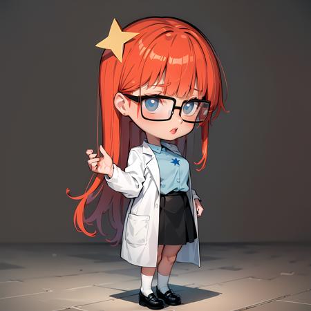 ((masterpiece, best quality)),(complex lighting), solo, 1girl, full body,Susan test, glasses,long hair,red hair, labcoat,blue eyes,simple background, hair ornament,<lora:susanTest14-10:0.6>,mary janes shoes, white socks, star on shirt, black skirt, cinematic lighting, vibrant color,lipstick, chibi, thick outline cartoon