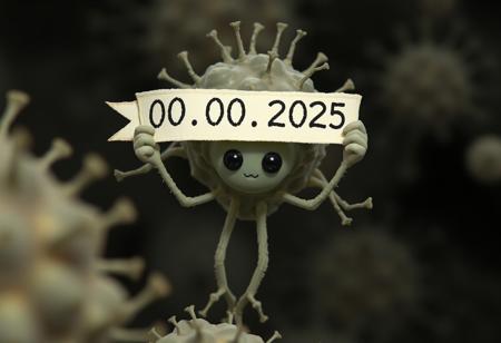 Microscopic view, bacteria is holding a banner that says "00.00.2025  :00:00" ,(((without eyes)))