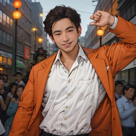 <lora:KKPita_V4:0.8> 1man asian 40yo, grin , monoeyelid , Pita ,formal orange coat with white shirt holding orange , dynamic pose , cityscape , master piece , rim light , best quality, extremely detailed, simple solid color background