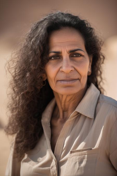 professional portrait photo of real 55 year old egyptian woman wearing a shirt in desert, realistic skin, high quality, film grain, sharp focus on body, natural hair, <lora:faces_v1low:0.5>