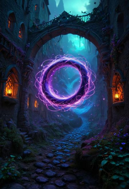 Immerse yourself in a magical, medieval fantasy world where a poisonous ring hovers in the air. The atmosphere is filled with enchanting spells that resonate through the air, casting vibrant, warm colors across the scene. A mystical aura permeates the environment, accompanied by an ethereal glow and dynamic energy that radiates from every detail. The textures are beautifully intricate, creating a sense of enchantment that transports you to a high fantasy land. The serene backdrop, softly lit with a captivating visual experience, adds to the ultra-detailed and mesmerizing atmosphere, making it a truly unforgettable experience.