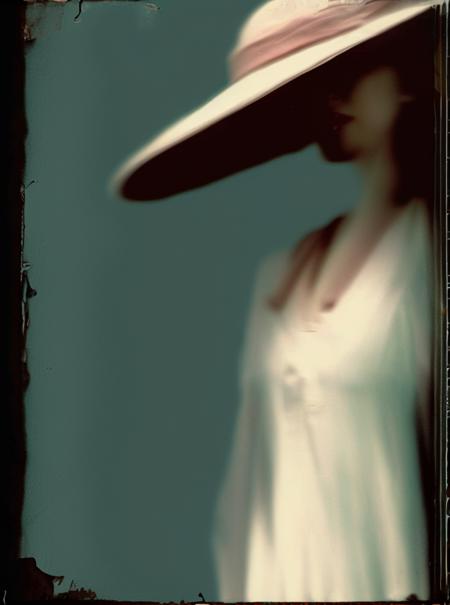 sarah moon long exposure  photorealism   vintage photo a woman in a dress and hat pastel color