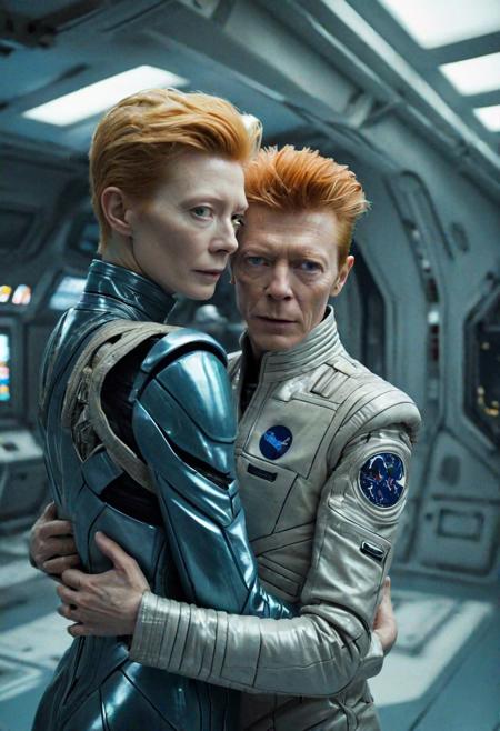 2 person hugging, masterpiece, ultra realistic, professional photography, intricate details, young beautiful Tilda Swinton in futuristic suit, young beautiful David Bowie, alien space station background, soft dim natural lighting, sterile