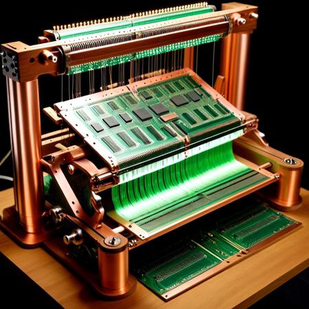 An ornate 19th-century Jacquard loom reimagined as a massive circuit-board weaving machine: the wooden frame becomes stacked translucent green PCB layers, warp and weft threads rendered as elegant copper traces, resistors and capacitors double as shuttle weights and bobbins, surface-mount ICs align like punch cards, tiny LEDs pulse along the pattern, hyper-realistic macro close-up, ultra-detailed, dramatic cinematic lighting, shallow depth of field, 8K resolution.