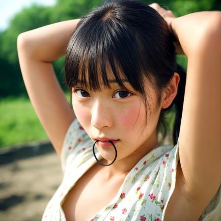adjusting hair and tie in mouth SDXL