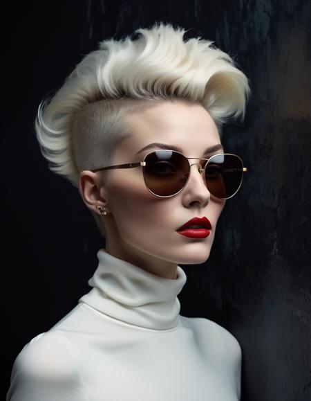 front profile half body Photography, in front of black wall, a punk 80's British model woman with 50's haircut, in a white turtleneck dress and large sunglasses, 80 degree view, art by Sergio Lopez , Natalie Shau, james jean and salvador dali