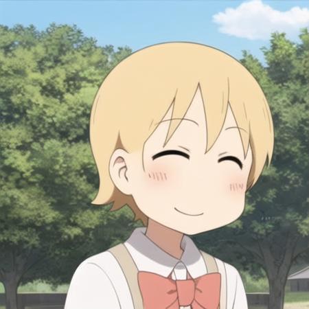 <lora:nichijou_style_v2-000002:0.7>, nichijou_style,masterpiece, best quality, 1girl,  smile, short_hair, blonde_hair, bow, closed_eyes, hair_bow, outdoors, sky, day