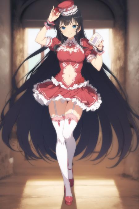 ikarugasenran, 1girl, long hair, looking at viewer, smile, blue eyes, black hair, thighhighs, hat, dress, navel, very long hair, full body, frills, puffy sleeves, wrist cuffs, clothing cutout,  garter straps, red footwear, navel cutout,  <lora:Ikarugasenran_v1:1>, hi res, HD, anime, sharp, extremely coloured,