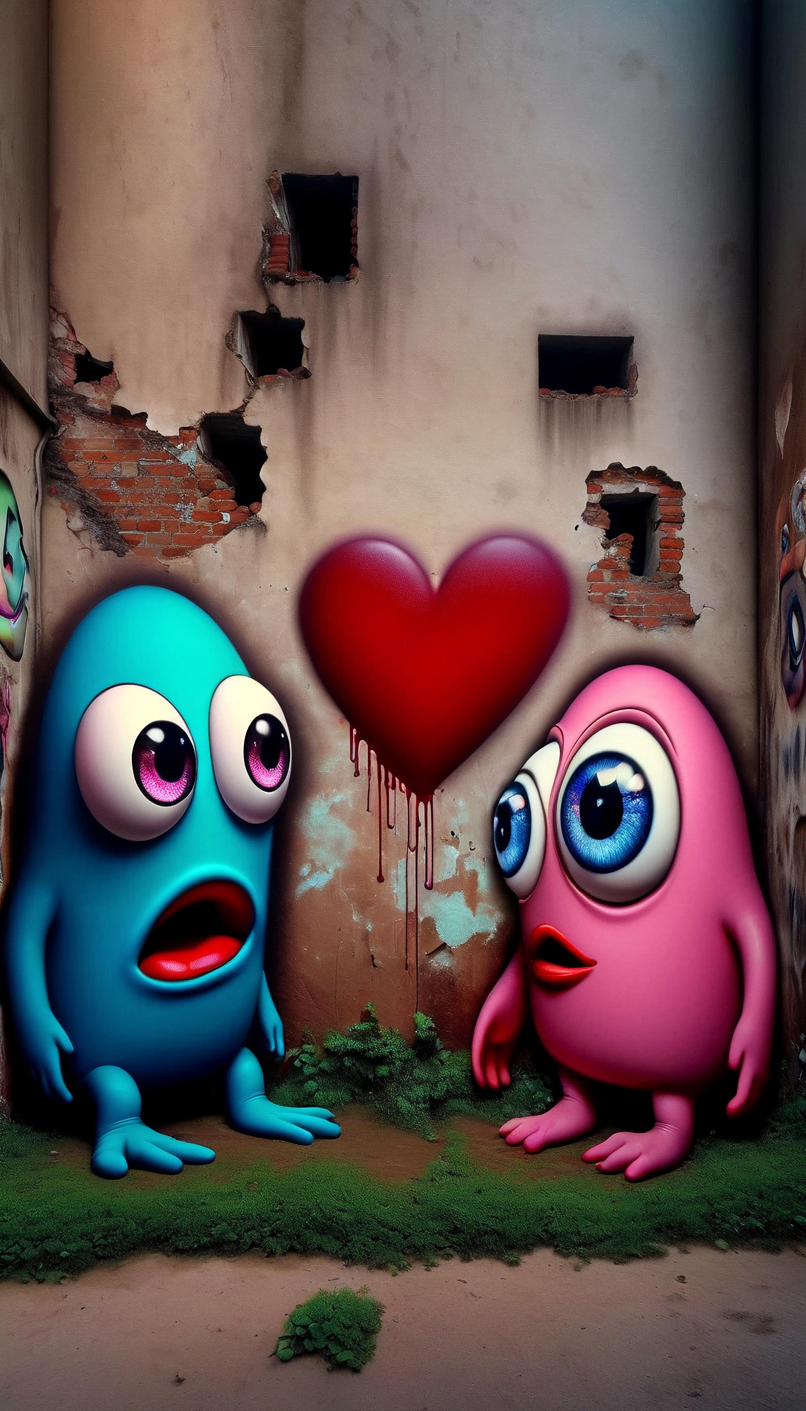 Two cartoon characters with hearts for eyes, one pink and one blue, standing in front of a brick wall.