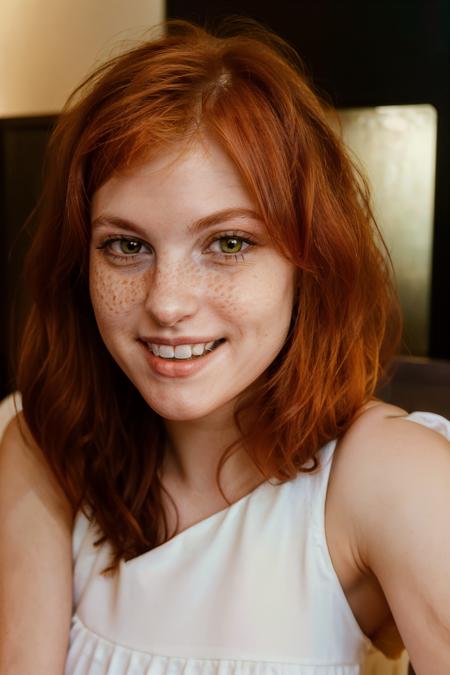 beautiful average looking woman, smiling, white teeth, dress, (looking at the camera:1.4), (highest quality), (best shadow), intricate details, interior, ginger hair:1.3, dark studio, muted colors, freckles,hhayleyy <lora:hhayleyyv3:1>