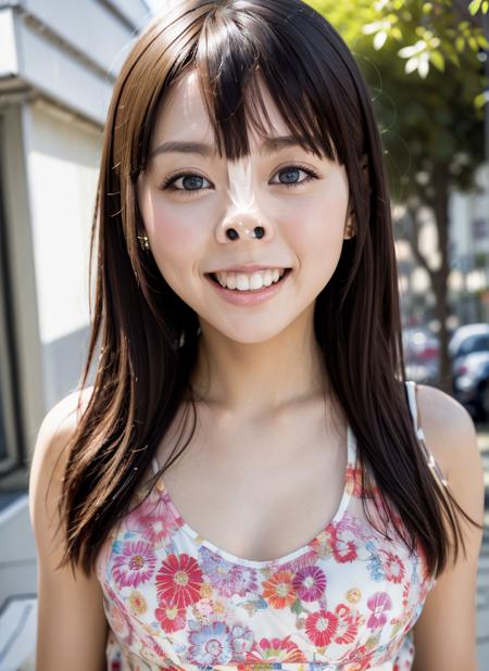 masterpiece,8k wallpaper,portrait (best quality, Ultradetailed:1.2),twenty ager,girl,(camisole)(makeup:0.2)(outdoor:1.7)(street)(big eyes:1)(close-up:1.2)( japanese:1.5) (smile)(gum:1.3)  <lora:nose-tapeV1.2:0.7>