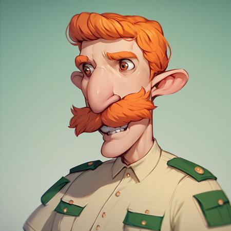 nigel thornberry, 1boy, mustache, orange hair, uniform, teeth, buck teeth,