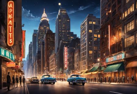 a 60s city street filled with lots of tall buildings, retro, night, city lights, a detailed matte painting by Richard Estes, featured on cgsociety, ashcan school, matte painting, matte drawing, cityscape