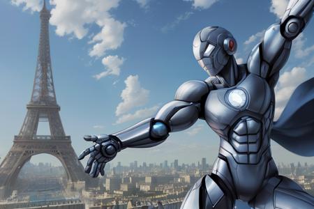 human superhero in front of paris