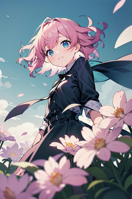 masterpiece, best quality, short hair, wavy hair, pink hair, blue eyes, outdoors, wind, flower, from below, depth of field,