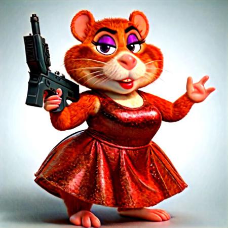 gluckgluck 3d cartoon hamster in drag, lipstick, holding a gun, frilly dress, might delete later  <lora:Glucky:0.7>