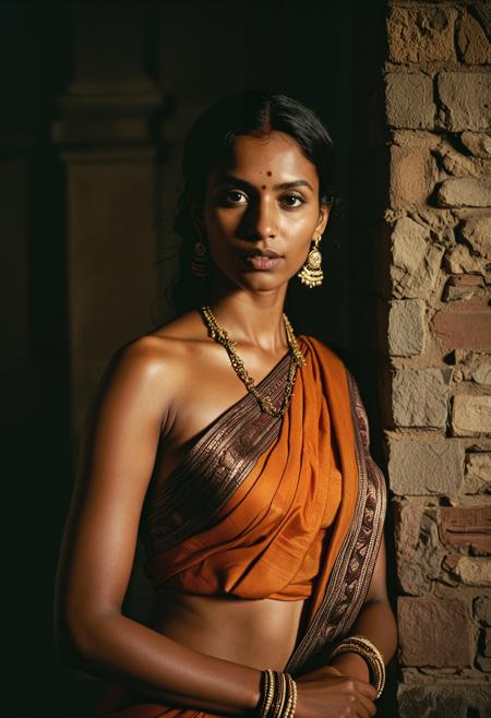 analogue portrait photo of a beautiful 25 years old woman, clear focus, high resolution image, , Wearing traditional Indian clothes Sari,low light, soft natural light, Rembrandt style light, Hasselblad DLSR camera, 200mm Zeiss lens, f/2.8, ,Sexy pose, erotic pose, exhibitionism ,Castle ruins