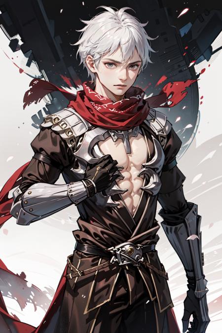 1boy, white hair, assassincross-ro,  <lora:assassincross-ro:0.7>, scarf, shoulder armor, pauldrons, red scarf, open shirt, gauntlets, vambraces,