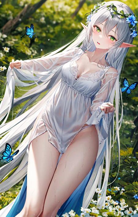 1girl, bangs, bare_shoulders, bird, blue_butterfly, blurry, blurry_background, blurry_foreground, blush, breasts, bug, butterfly, butterfly_on_hand, clothes_lift, collarbone, day, depth_of_field, dragonfly, dress, dutch_angle, elf, eyebrows_visible_through_hair, flower, forest, glowing_butterfly, grass, green_eyes, hair_between_eyes, head_wreath, jewelry, leaf, lifted_by_self, long_hair, looking_at_viewer, medium_breasts, nature, off-shoulder_dress, off_shoulder, outdoors, parted_lips, plant, pointy_ears, see-through, sidelocks, silver_hair, skirt_hold, solo, standing, sunlight, thighs, tree, underwear, very_long_hair, water_drop, wet, wet_clothes, wet_dress, white_butterfly, white_dress, yellow_butterfly <lora:style_Pale:1>