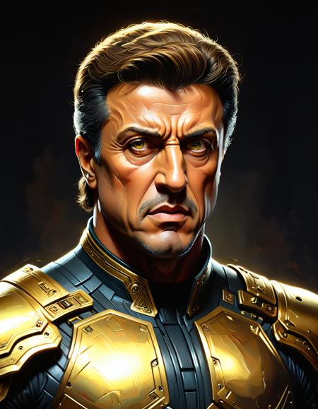an intricate and hyperdetailed fluid acryl and oil portrait by (Greg Olsen:0.75) and (Rembrandt van Rijn:1.05), (Masterfully textured brushstrokes:1.3), BREAK, (Sylvester Stallone:1.33), Sharp angles, Buzz cut with dark chestnut hair, Intense gaze, Furrowed brow, (Piercing eyes:1.3), (Angular face:1.2), ,  Distinctive pointed elven ears pointed backward, BREAK, Proud Prussian military attire, Intricate gold accents, Weathered uniform, Sturdy epaulettes, (Cybernetic implants:1.33), (Glowing Cybernetic Eye:1.45),(Metal plate in forehead:0.85), (Cybernetic implants:1.33), (Bronze insignia:1.2), BREAK, Dimly lit chamber, Play of light and shadow, Ethereal candlelight, Commanding presence, (Serious ambiance:1.3), BREAK, Crafted with masterful strokes, Rich and warm color palette, Evokes timeless strength. rpgelf (cyberpunk:1.2), (Cybernetic implants:1.25), BREAK, Neon cyberpunk background
