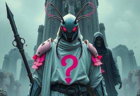 Create a high-definition, photorealistic artwork of a Cockroach Knight with a question mark on its chest, inspired by the styles of Kazuo Umezu and Frank Frazetta. The knight should be wearing a white robe with dayglo pink accents and be set against a backdrop that incorporates elements of Iram of the Pillars and Jorogumo. Include a mysterious, featureless stranger in the scene, with a creepy, gothic-inspired aesthetic. The artwork should adhere to the golden ratio and have a psychedelic, overcast tint. Ensure that the piece is highly detailed, with a focus on micro details and lifelike textures. The color palette should be vibrant and cinematic, with a mix of realistic and fantastical elements. The final piece should be reminiscent of the works of Dorothea Tanning, Magali Villeneuve, and Artgerm, with a strong emphasis on anthropology and wonder.