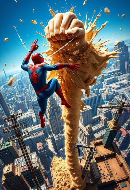 A dynamic image bursts forth, capturing the epic clash between Spiderman and Sandman high atop a skyscraper. In the foreground, Spiderman lunges towards Sandman, his body a blur of red and blue. His web-shooters fire streams of webbing, aiming to ensnare his formidable foe. Sandman roars, his massive, sand-formed fist smashing towards Spiderman. Grains of sand fly everywhere, catching the light and creating a swirling vortex around the combatants. The middle ground reveals the precarious setting: the rooftop of a skyscraper, its edges crumbling under the force of the battle. Antennas sway precariously, and debris plummets towards the city below. The background is a vibrant cityscape, a tapestry of towering buildings and bustling streets, dwarfed by the colossal figures battling above. The lighting is dramatic, with bold contrasts of light and shadow, emphasizing the dynamic action. The composition is a diagonal, high-angle shot, creating a sense of dizzying height and intense movement. The intended emotion is one of thrilling action, suspense, and the awe-inspiring scale of a superhero battle. Emulating the style of classic comic book art, particularly the work of Steve Ditko and Todd McFarlane, the image emphasizes exaggerated anatomy, dynamic poses, and bold colors. Sandman's form has a granular, shifting texture, contrasting with Spiderman's smooth, form-fitting suit.