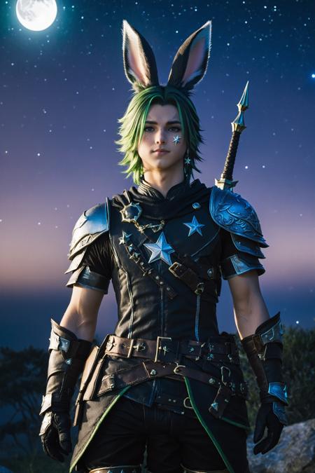 Khitli Viera,  1boy,  male focus,  solo,  short hair,  gloves,  animal ears,  jewelry,  weapon,  earrings,  outdoors,  green hair,  sky,  rabbit ears,  armor,  from side,  night,  moon,  shoulder armor,  star (sky),  night sky,  starry sky,  viera, <lora:EMS-44604-EMS:0.400000>