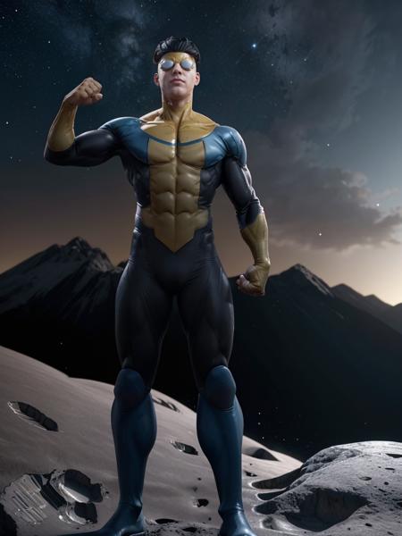 Invincible2023, photorealistic, 8k, uhd, best quality, masterpiece, best quality, 1boy, 5 fingers, cinematic lighting, raw image, trending on arstation, goggles, depth of field, standing on the moon's surface, night sky, stars in sky, full body, pixar style, waving, cinematic lighting