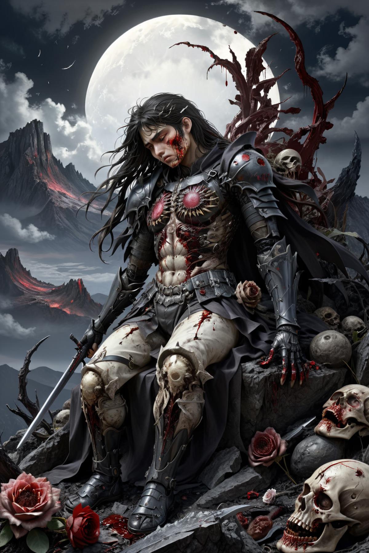 A Fantasy Artwork of a Warrior with Bloodied Armor and a Sword.