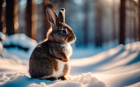 dramatic (photo)+ of a bunny in a snowy winter forest, wide angle 20mm f/11 on kodak ektachrome e100 professional photographic portfolio snapshot, warm sunlight, godrays