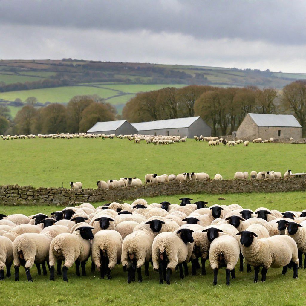sheep on the sheep in a large field with the sheepfold in the background