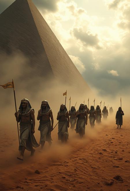 Intense dramatic weather, unusual original fine art photography. Ancient Egyptian art style depicting a parade of pharaoh's concubines in the style of Aleandro Burdesio's Dust Hopper, elegant, historic essence, cinematic lighting, windy atmosphere, oil painting in the style of Bill Sienkiewicz and Pablo Amaringo. Associated Press style, soft contrast, soft saturation, stormy skies.