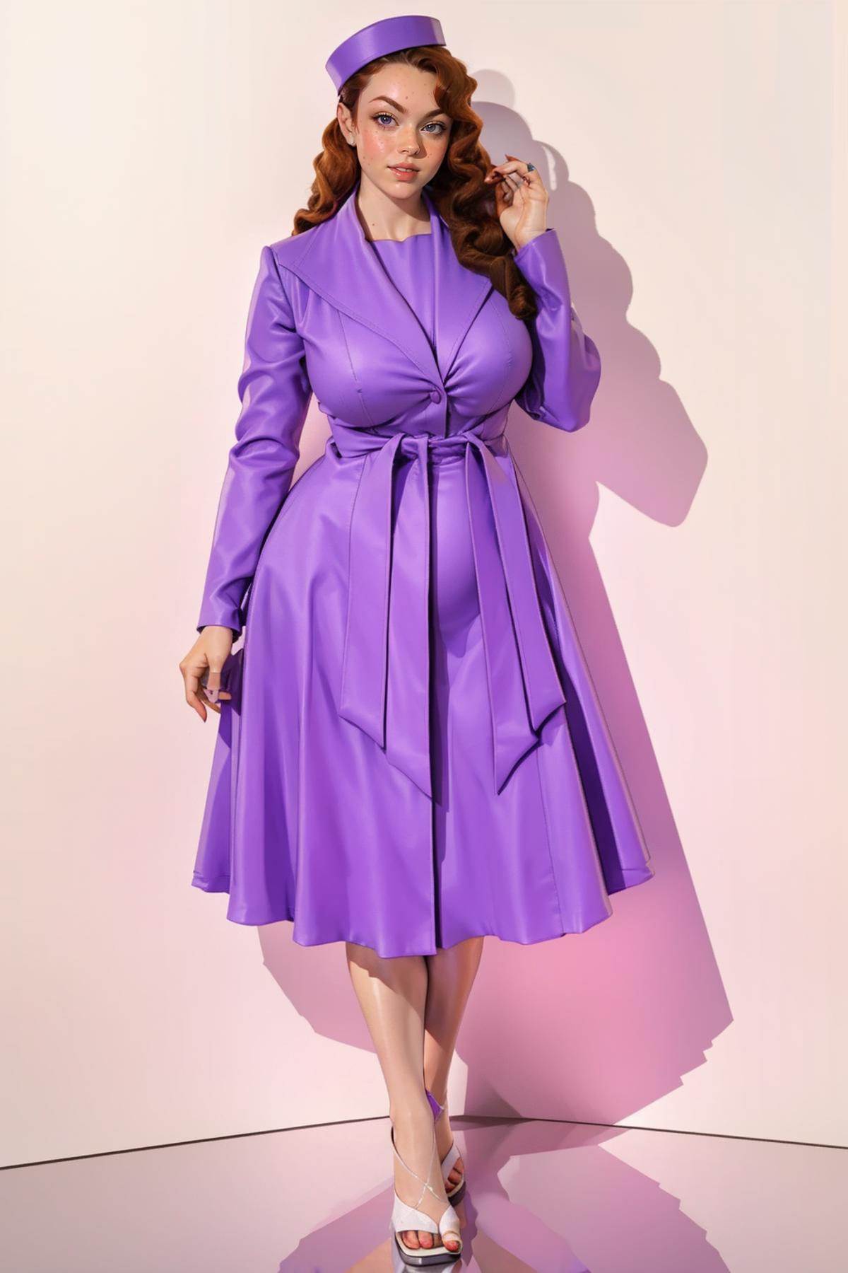 A woman wearing a purple coat and skirt posing for a photo.