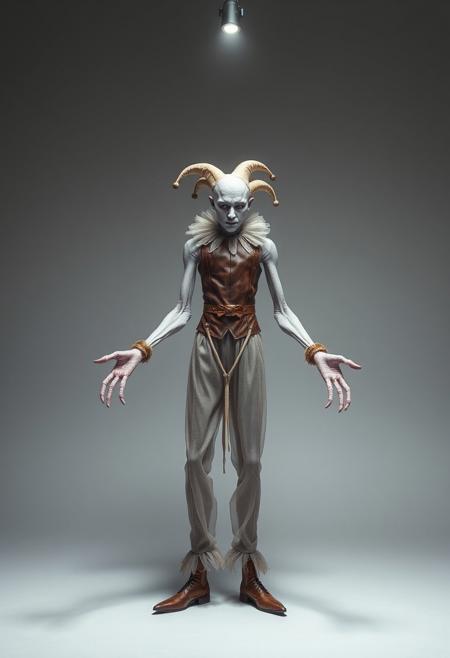 A stylized, minimalist portrait of a jester with grotesquely elongated limbs, standing alone against a vast, nearly empty gradient backdrop. The jester’s form is sculptural and hyperreal, skin pallid and veins subtly visible beneath a translucent layer. His costume is highly textural—stitched leather, translucent gauze, glimmering threads—contrasting sharply with the void behind him. His hands, almost claw-like, stretch down past his knees, posed with delicate tension. A single spotlight-like beam illuminates him from above, casting sharp shadows downward. His gaze is indirect, expression distant, embodying both theatricality and emotional emptiness. The image balances expressive realism with symbolic emptiness, creating an introspective mythic figure caught between performance and despair.