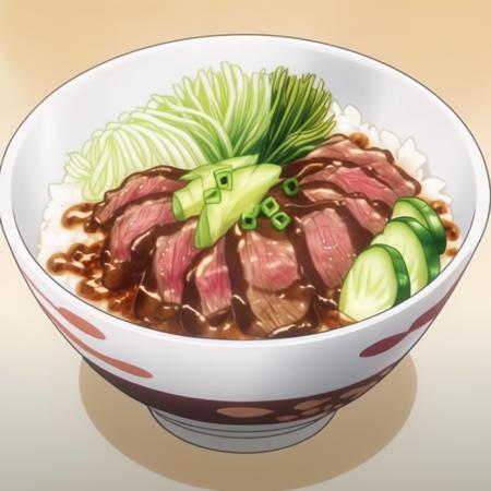 A vibrant cartoon-style image of a beef bowl (Gyudon), featuring succulent slices of beef simmering atop steaming white rice. The beef is richly colored, with shades of brown and hints of savory sauce glazing over it. Steam rises playfully from the bowl, indicating the dish's warmth. The rice is fluffy and distinct, each grain visibly separate. Garnishing the top are finely sliced scallions, adding a pop of green freshness. The bowl has a fun, exaggerated round shape, typical of cartoon illustrations, with bold, simple lines defining its edges against a cheerful, minimalist background,  <lora:Shokugeki_food:0.85>