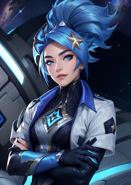 Akali drx, 1girl, solo, long hair, blue eyes, hair ornament, blue hair, jacket, upper body, ponytail, shiny hair, star hair ornament, space, cowboy shot, looking at viewer, (masterpiece:1.2, best quality), <lora:Akali_DRX_1:0.8>, short sleeves, crossed arms, black gloves, light smile