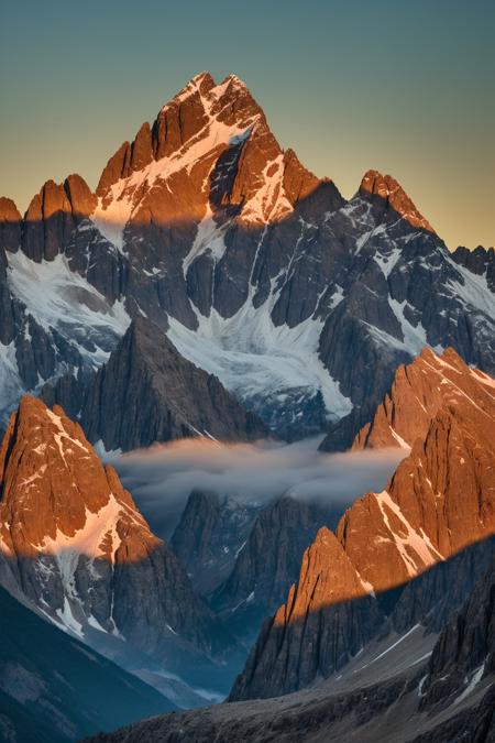 majestic mountain range during golden hour, sunlight casting warm glow over the peaks, detailed rocky textures, mist in the valleys, high-resolution DSLR photo, realistic lighting, dramatic sky, National Geographic style