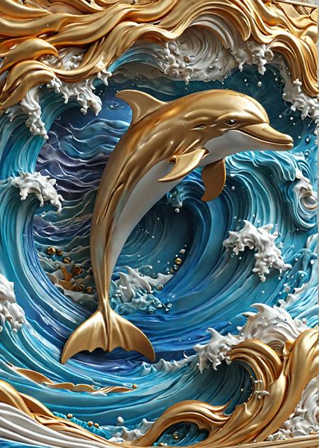 a dolphin and ocean waves , (gold and sapphire:1.2),  <lora:TQ_-_Relief_Paintings_XL:0.4> relief background,relief murals, detailed,8K, carved, fluid dynamics 3D art style, 3d fluid render, expressive and dynamic, vibrant contrasting colors, lively appearance, mesmerizing flow of shapes, simulation of fluid dynamics, swirling motion, bold colors blending seamlessly, abstract and captivating, fluidity and energy, mesmerizing composition, engaging viewer experience, seamless integration of colors and shapes, volumetric, 4k, anime art style, anime digital art, expressive anime art, dynamic composition, anime style, vibrant, studio anime, highly detailed